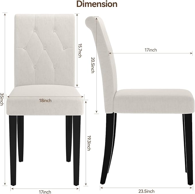 Upholstered Dining Chairs Set of 6, Button Tufted Parsons Dining Chair with Solid Wood Legs, Modern Fabric Side Chair for Dining Room/Kitchen/Restaurant/Hotel- White