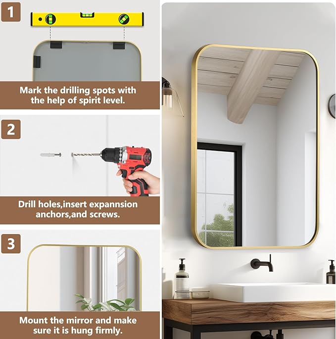 Brushed Gold Mirror, 24"x32" Rectangle Bathroom Mirror, Metal Frame Rectangle Corner Vanity Mirror, Wall Mounted Mirror for Modern, Living Room, Bedroom, Horizontal Or Vertical