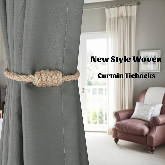 BEL AVENIR Magnetic Jute Curtain Tiebacks, Decorative Drapery Holdbacks Bohemian Style Woven Tie-Backs with Exquisite Knot (Jute, 2 Pack)
