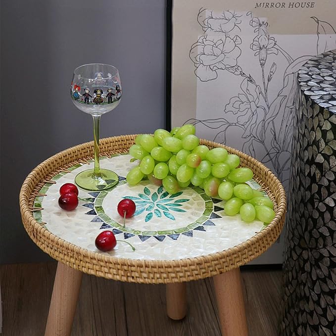 Round Rattan Side Table, Handmade Rattan Tray with 3 Legs, Mother of Pearls Inlay Coffee/Accent Table, Round end/Side Tables for Living Room, Bedrooms, Pedestal Plant Stand for Balcony