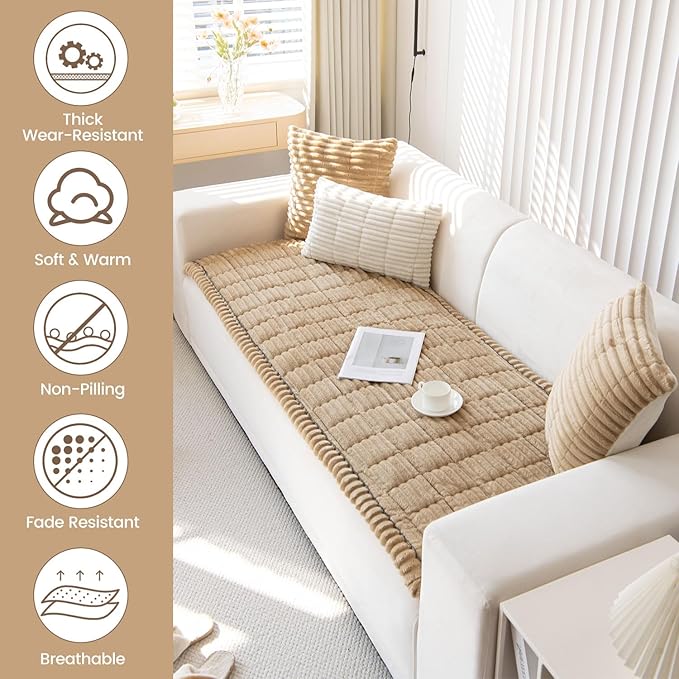OTOB Couch Cover for Dogs Washable, Non Slip Plush Fuzzy Sofa Covers for 3 Cushion Couch Pet Friendly, Soft All Seasons Sofa Slipcover Cozy Furniture Protector (Coffee, 31.5" x 82.7")