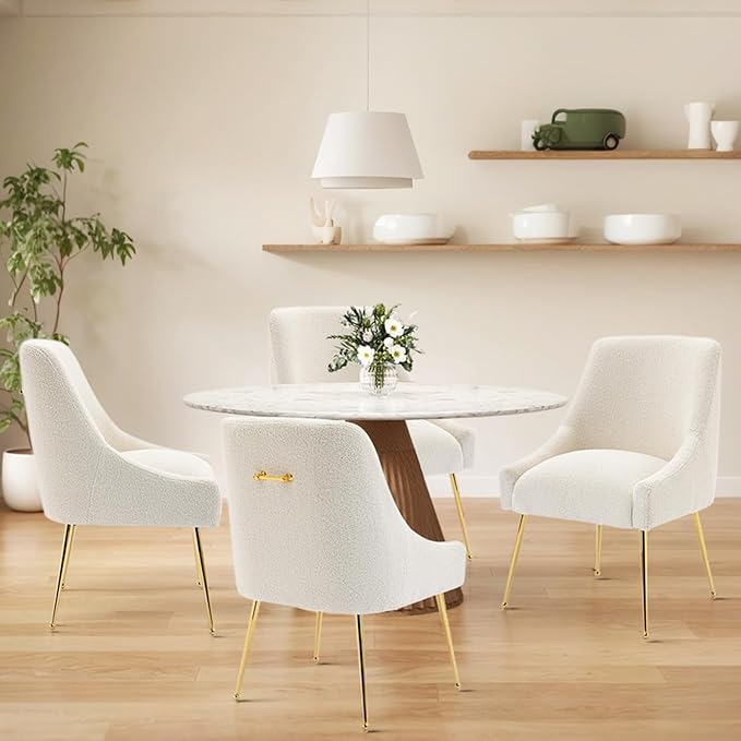Modern Velvet Dining Chairs Set of 2, Contemporary Upholstered Furniture Collection with Polished Gold Metal Legs, Elegant Accent Chairs for Kitchen Living Room(Teddy Fleece,Beige)