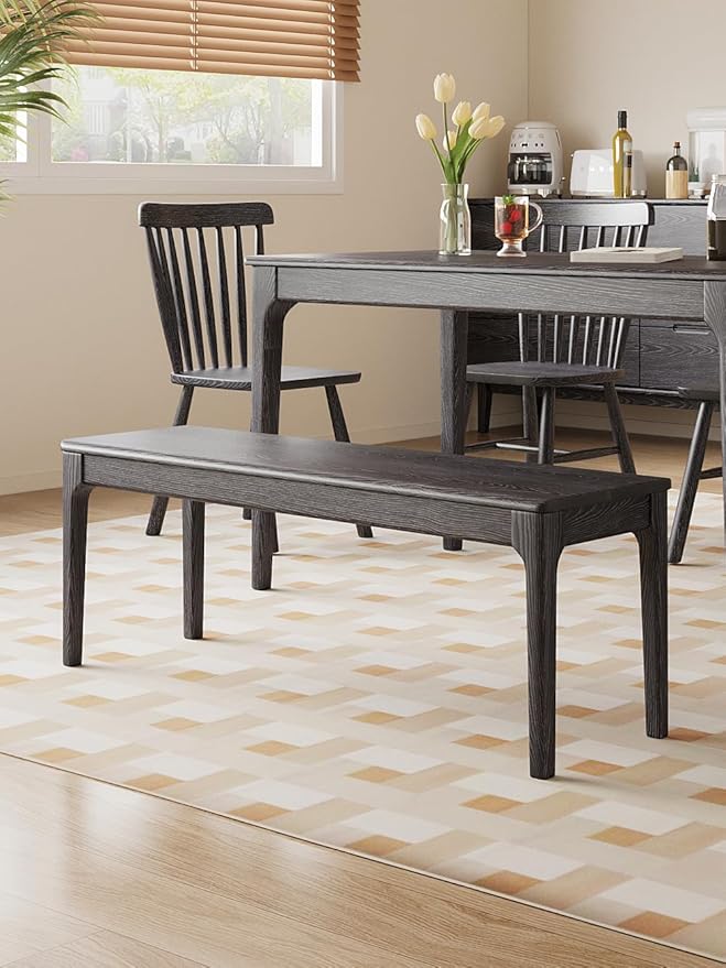 Dining Bench, Wood Bench Solid Oak Wooden Bench Indoor Dining Room Table Home Bedroom Bed End Restaurant Modern Hallway Furniture (Black, 72" W x 13.8" D x 17.7" H)