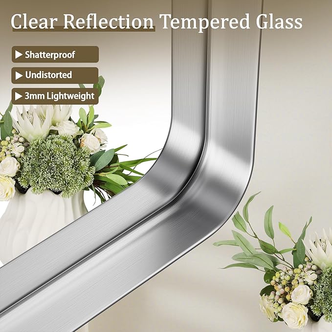 Bathroom Mirror 30x48 inch, Silver Gorgeous Deep Frame Wall Mirror, Modern Round Corner Bathroom Vanity Mirror for Bedroom, Living Room, Hanging or Leaning Horizontal or Vertical, Silver