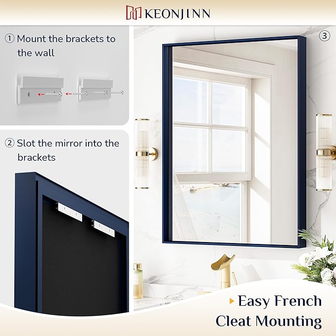 Keonjinn 42 x 36 Inch Blue Framed Mirror Bathroom Vanity Mirror for Wall Metal Frame Rectangle Navy Blue Bathroom Mirror Large Square Corner Modern Farmhouse Mirror for Over Sink(Horizontal/Vertical)