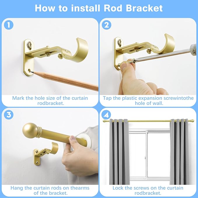 Curtain Rods for Windows 16 to 48 Inches, Curtain Rod Max Adjustable Length of 60 IN, 6/8" Diameter Drapery Rods Round Finials, Warm Gold, Pack of 1