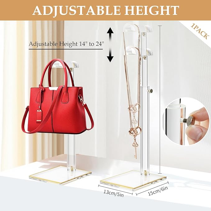 Purse Stands, Acrylic Purses Display Stand, 14“-24” Height Adjustable Handbag Rack, Purse Organizer for Closet, Table Bag Hanging Stand for Closet Retail Vendor Commercial Store(PATENT PENDING)