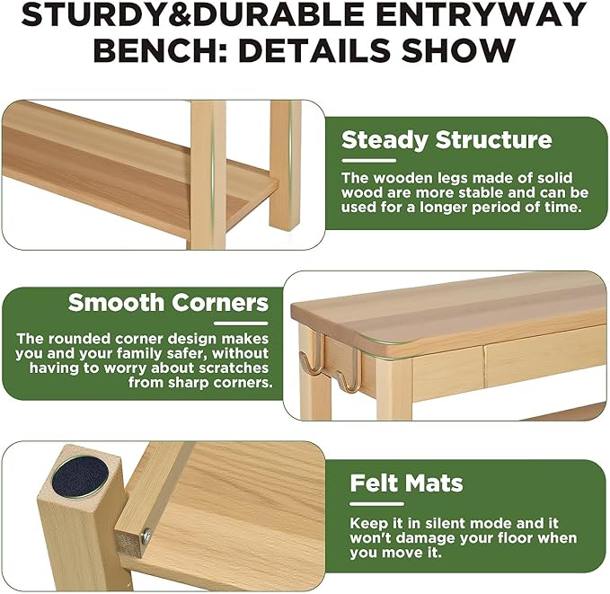 Wood Shoe Bench Entryway with Drawer: 3-Tiers Wooden Storage Shoe Rack with Bench Seat, Compact Mid-Century Modern Design for Entryway, Hallway, Closet, Front Door Entrance, Foyer