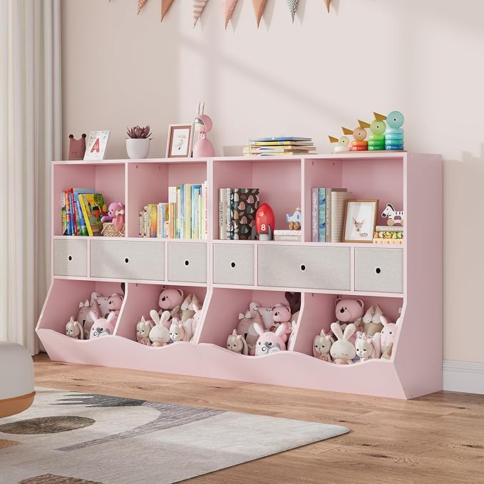 IDEALHOUSE 7-Cubby Large Kids Toy Storage Organizer, Children Wood Bookcase and Bookshelf, 3-Tier Toy Storage Cabinet with 3 Drawers for Hallway, Playroom, Living Room, School, 2 Set Pink