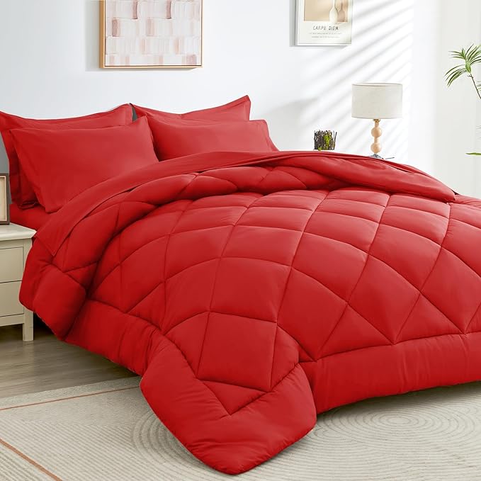 HEVUMYI Red King Comforter Set - 7-Piece All Season Bed in a Bag King, Ultra Soft Bedding Set with Comforter, Flat Sheet, Fitted Sheet, Pillowcases, Pillow Shams