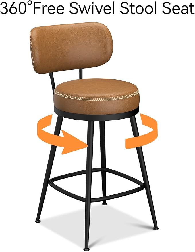 Counter Height Bar Stools, 26" H Swivel Barstools Set of 8, Faux Leather Kitchen Counter Stools with Back and Stylish Stitching, Metal Frame, Pub, Home Bar, Whisky Brown