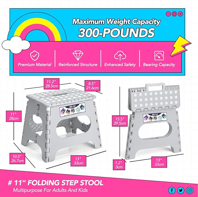 Delxo Folding Step Stool, 11 inch Non-Slip Foldable Stools Up to 300 LBS, Step Stool with Handle, Lightweight for Kitchen, Bathroom, Bedroom, Garden, Grey, 1PC