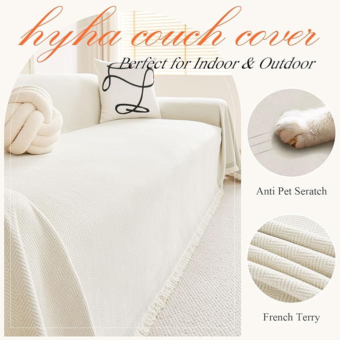 hyha Couch Cover for Dogs, Boho Sofa Covers for 3 Cushion Couch Washable, Chenille Sofa Slipcover for Pets, Soft Loveseat Sectional Couch Throw Blankets with Tassels (Beige, 71x150 Inch)