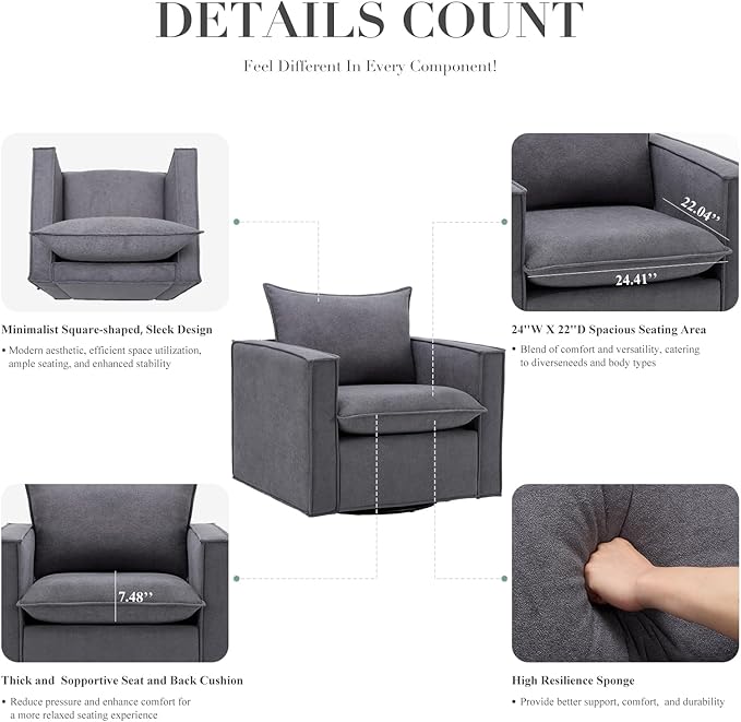 COLAMY Swivel Accent Chair, 34 Inches Wide Upholstered Arm Chair with Plump Back Pillow, Modern Sofa Living Room Chair for Bedroom, Corner, Reading Nook-Grey