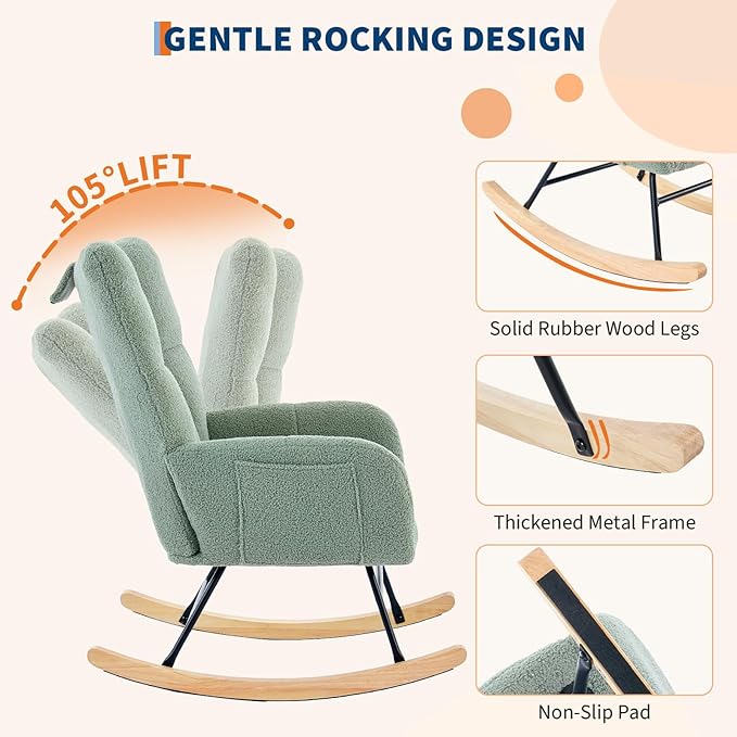Nursery Rocking Chair,300Lb Glider Chair with Wood Legs/Two Side Pockets,Teddy Upholstered Glider Rocker with Padded Seat High Backrest for Living Room/Bedroom/Nursery