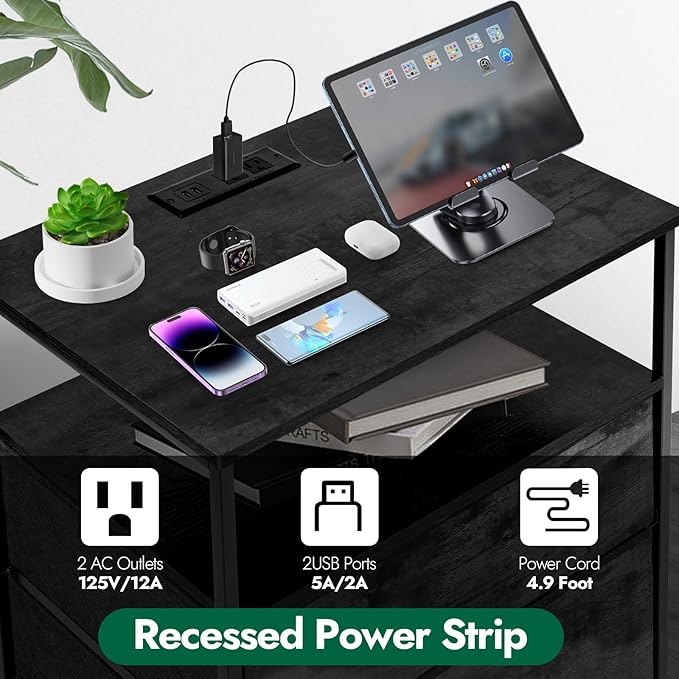 3 Drawers Dresser with Charging Station, 24 Inch Wide LED Night Stand with Adjustable Fabric Drawer, Nightstand with Storage Shelf for Living Room/Bedroom/Office, Black.