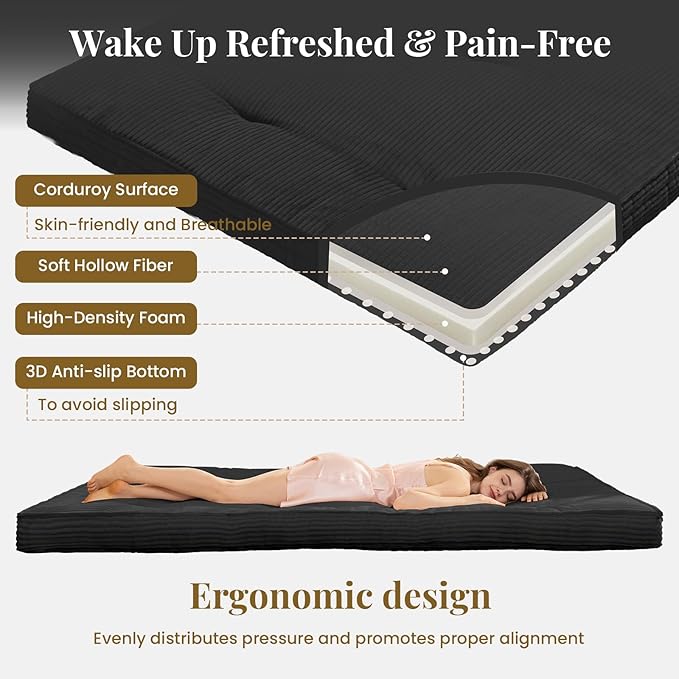Japanese Floor Mattress, 4" Thicken Futon Mattress Queen Size Sleeping Pad, Corduroy Foldable Mattress Pad Roll Up Tatami Mat Floor Mattress for Adults（Black）
