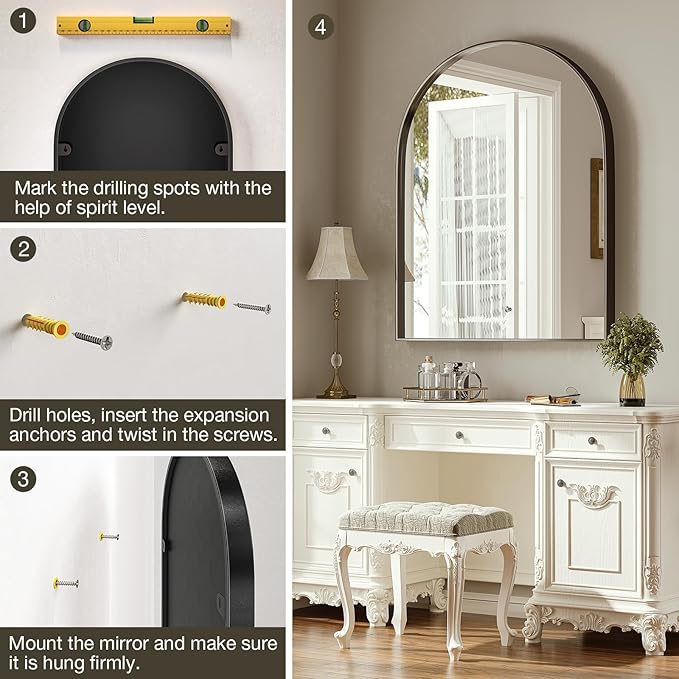 Brightify Black Arched Mirror, 32 x 42 Inch Arch Wall Mirror, Metal Frame Black Bathroom Mirror, Arched Top Bathroom Vanity Mirror for Living Room Bedroom Mantel Entryway Hallways