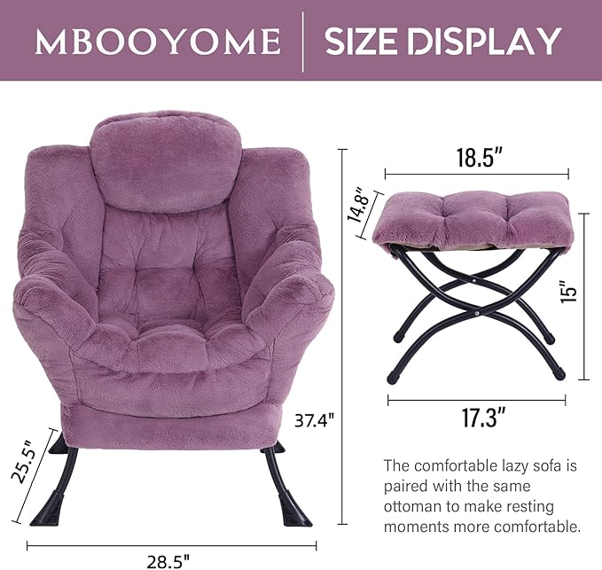 Lazy Chair with Folding Ottoman, Modern Accent Lounge Armchair with Armrests and a Side Pocket & Foldable Footstool, Leisure Reading Chair for Living Room, Bedroom, Dorm & Office, Plush Purpl