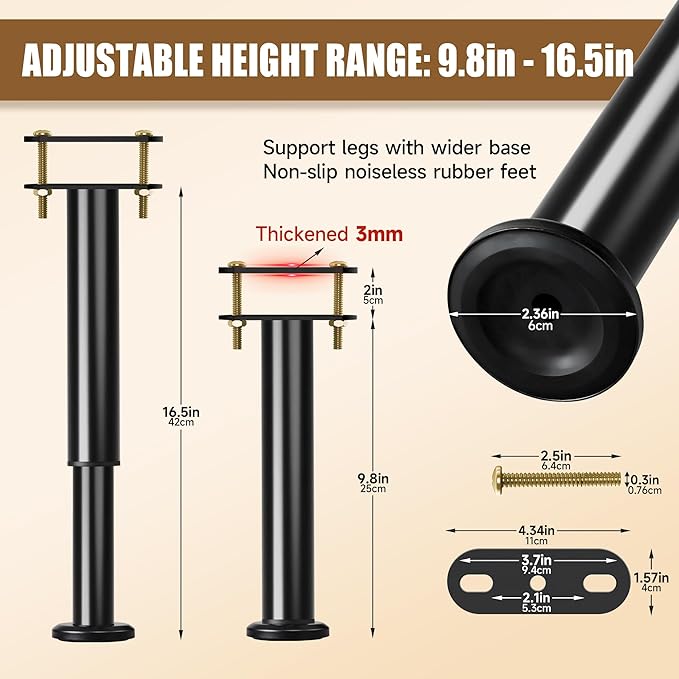 Metal Bed Frame Support Legs, 9.8-16.5 Inch Adjustable Height Bed Support Legs, Bed Legs Replacement Parts for for King Queen, Under Bed Support Slat Reinforcement Kits Bed Frame Center Support 2 Pack