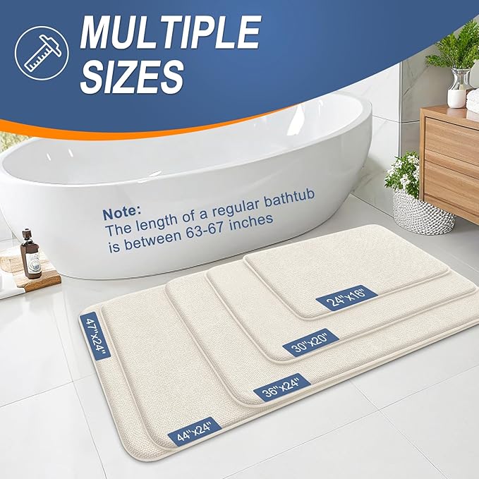 OLANLY Thick Memory Foam Bath Mat Rug 59x24, Extra Soft Absorbent Bathroom Rug, Quick Dry Bath Mats, Non-Slip, Machine Washable Carpet for Bathroom, Tub and Shower, Home Decor Accessories, Ivory