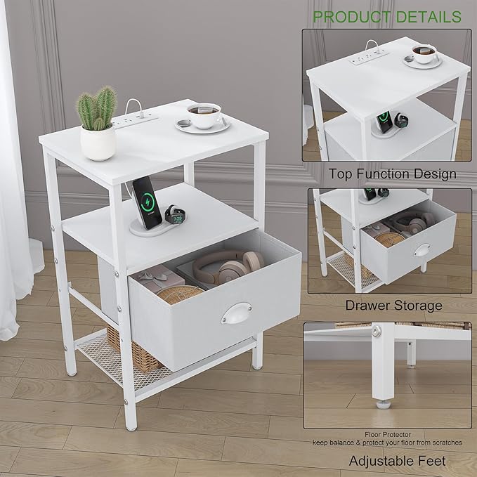Sthmec Nightstands Set of 2, LED Bedside Tables with Charging Station and Fabric Drawer, Night Stand with Storage, 3 Tier Side Table with Open Shelf, LED Nightstand with Charging Station, White