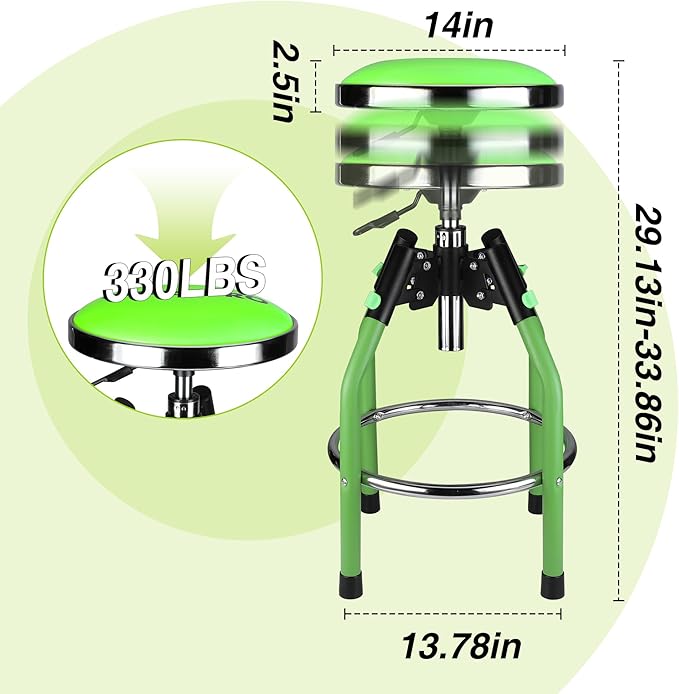 WORKPRO Garage Bar Stool, Heavy Duty Adjustable Hydraulic Shop Stool, 29in to 33. 86in, 330-Pound Capacity, Green