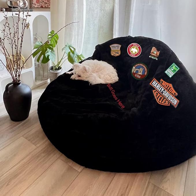 Beanbag Chair Cover for Adults Kids with Funny Words Embroidered Comfy Fluffy Round Beanbag Lazy Sofa Cover for Reading Chair Floor Chair, 3.5FT, Black