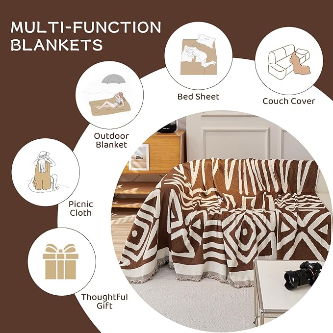 STACYPIK Sofa Covers Decorative, Boho Couch Cover for Sectional, Chocolate Sofa Protector for 3 Cushion Couch, Multi-Use Sofa Cover for Dogs with Tassles, Washable Sofa Slipcover for Loveseat-71X134IN