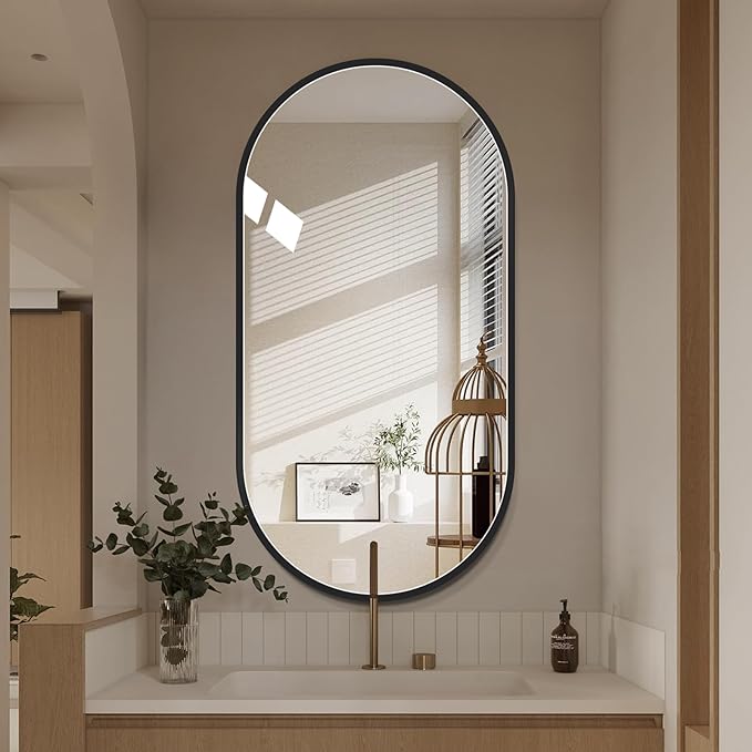 LAIYA 40x24inch Oval Wall Bathroom Mirror with Black Aluminum Frame,Wall Mounted Oval Vanity Mirrors， Explosion-Proof Glass, Waterproof Design, Easy Installation，Horizontally/Vertically