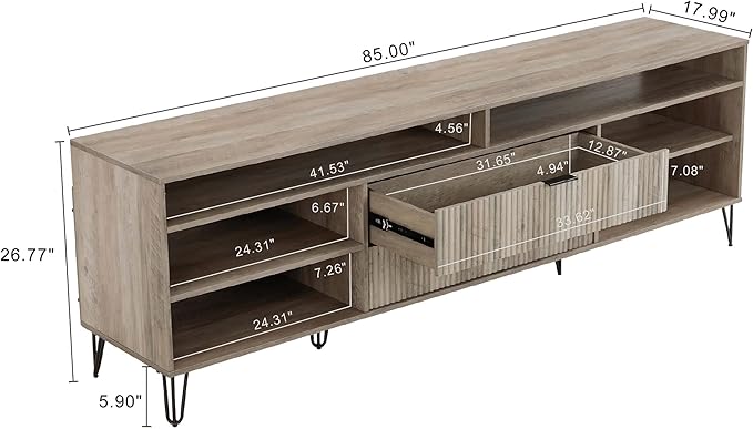 Manhattan Comfort Dumbo Mid Century Modern TV Stand for Televisions up to 80 Inches, Home Entertainment Center with Storage, 6 Shelves, 2 Drawers, No Tool Assembly, 85" Wide, Rustic Grey