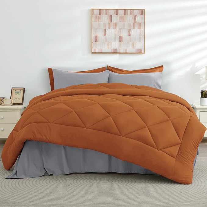 HEVUMYI Queen Comforter Set - 7-Piece All Season Bed in a Bag Queen, Ultra Soft Bedding Set with Comforter, Flat Sheet, Fitted Sheet, Pillowcases, Pillow Shams, Orange & Light Grey