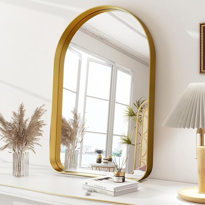 Arched Bathroom Mirror - 38x26 Inch Gold Bathroom Mirror for Wall - Aluminum Alloy Framed Mirror - Arched Top Bathroom Vanity Mirror for Living Room, Bedroom, Mantel, Entryway, and Hallways