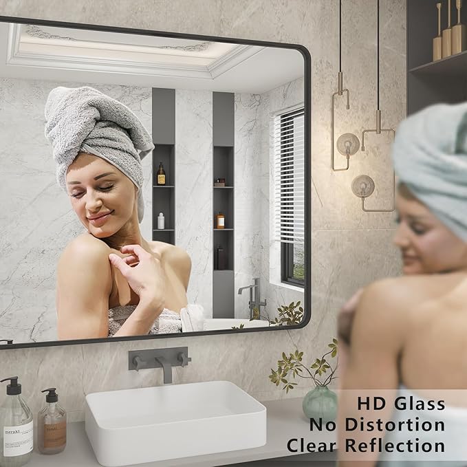 55x40 Inch Black Metal Framed Bathrrom Mirror for Wall, Black Matte Rounded Rectangle Bathroom Vanity Mirror, Anti-Rust, Tempered Glass, Hangs Horizontally or Vertically
