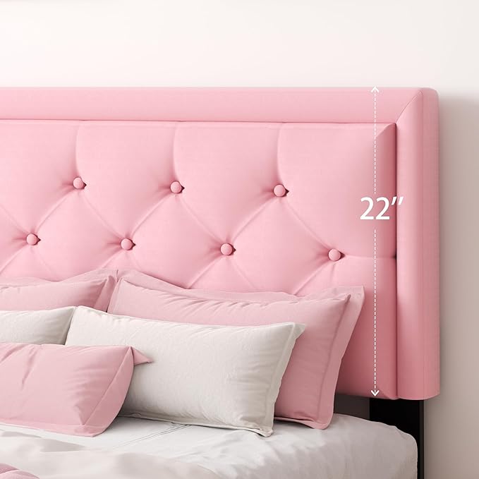 Full Size Platform Bed Frame with Upholstered Velvet Button Tufted Headboard, Mattress Foundation with Wooden Slat Support, No Box Spring Needed, Easy Assembly, Noise Free, Pink
