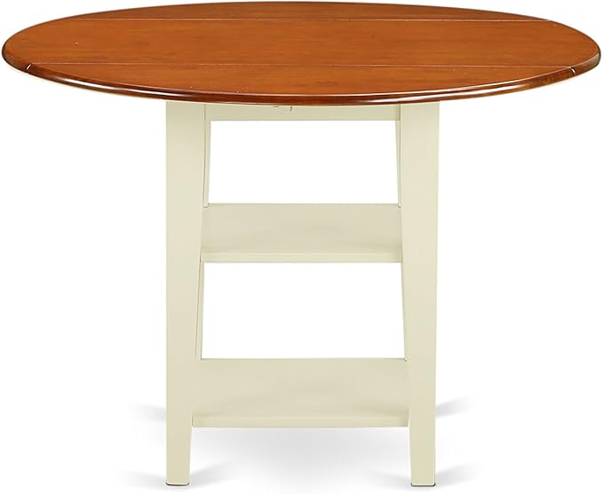 East West Furniture SUNI5-BMK-W 5 Piece Modern Dining Table Set Includes a Round Wooden Table with Dropleaf & Shelves and 4 Dining Room Chairs, 42x42 Inch, Buttermilk & Cherry