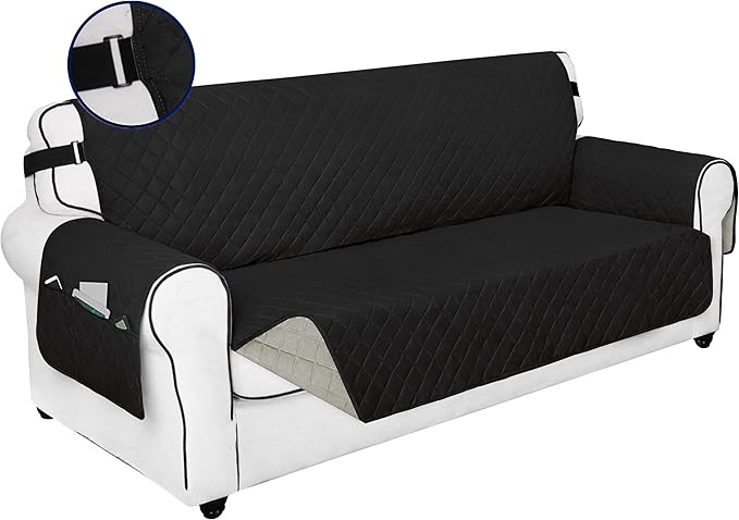 PureFit Reversible Sofa Couch Cover Water Resistant Couch Covers for 3 Cushion, Washable Furniture Cover with Non-Slip Foam and Adjustable Strap for Dogs, Pets (Oversized Sofa, Black/Beige)