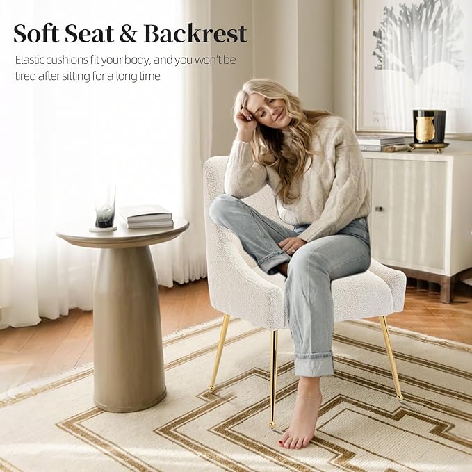 Modern Velvet Dining Chairs Set of 2, Contemporary Upholstered Furniture Collection with Polished Gold Metal Legs, Elegant Accent Chairs for Kitchen Living Room(Teddy Fleece,Beige)