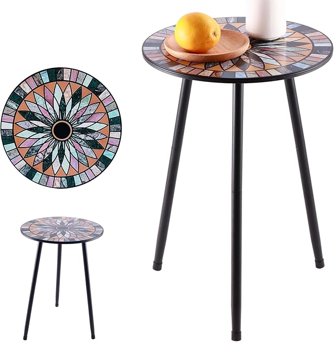 1 Pack Metal Mosaic Round Side Table Small 13.4" End Patio Round Accent Table Garden Corner Stand for Small Spaces Weather-Resistant for Balcony Plant Stand Indoor Outdoor