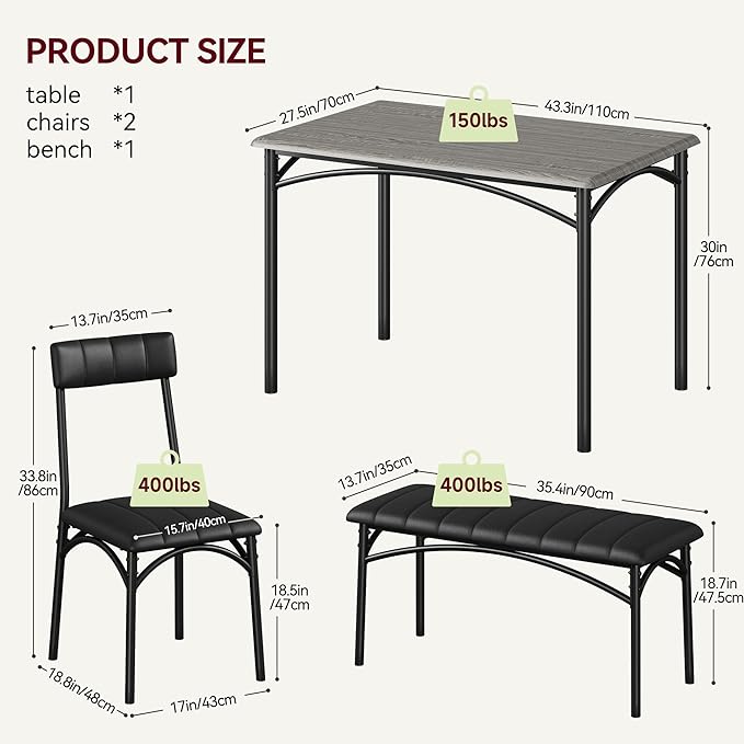 Dining Table Set for 4, Small Dining Table Set with Upholstered Bench and 2 Chairs, Kitchen Table and Chairs for 4, for Small Space, Apartment, Dinner, Rustic Gray