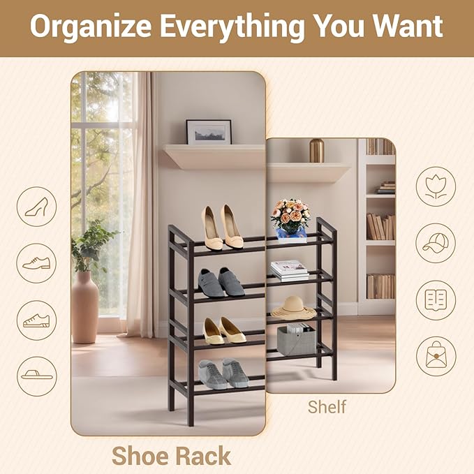 Haddockway Bamboo Shoe Rack for Closet, Free Standing Shoe Organizer with Smooth Round Rods & Convenient Handles, Stackable Shoe Storage Shelf for Entryway, Hallway(Brown, 4-Tier(Small))