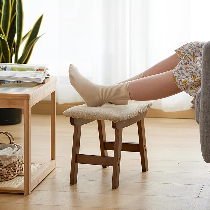 Foot Stool Ottoman Foot Rest Under Desk,Small Stool for Living Room, Bedroom and Kitchen (Brown Legs - Beige Stool Surface)