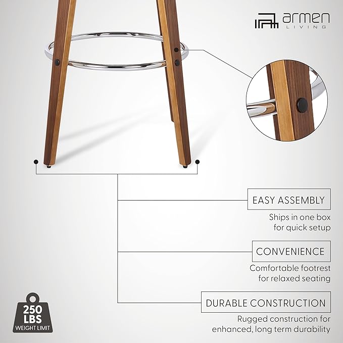 Armen Living Shelly 30" Bar Height Swivel Brown Faux Leather and Walnut Wood Bar Stool - Set of 2