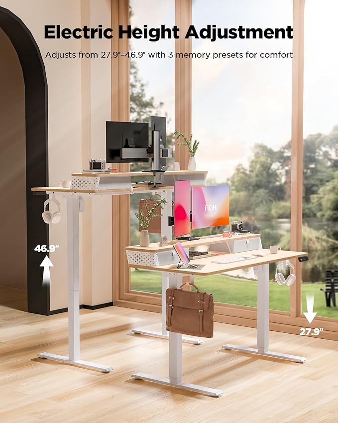 55x24 Inch Standing Desk with Double Drawers, C-Clamp Mount Compatible, Electric Adjustable Height Computer Stand Up Desks, Home Office Sit Stand Table with 3 Preset Heights & 2 Hooks, Natural