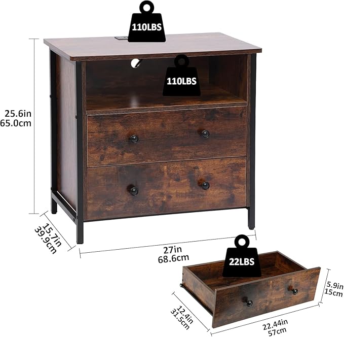27 Inch Wide Night Stand, Large Wood Night Stand Set 2 with 2 Drawers, LED Nightstand with Charging Station and Adjustable Drawer, Bedside Table for Living Room/Bedroom/Study/Office, Retro.