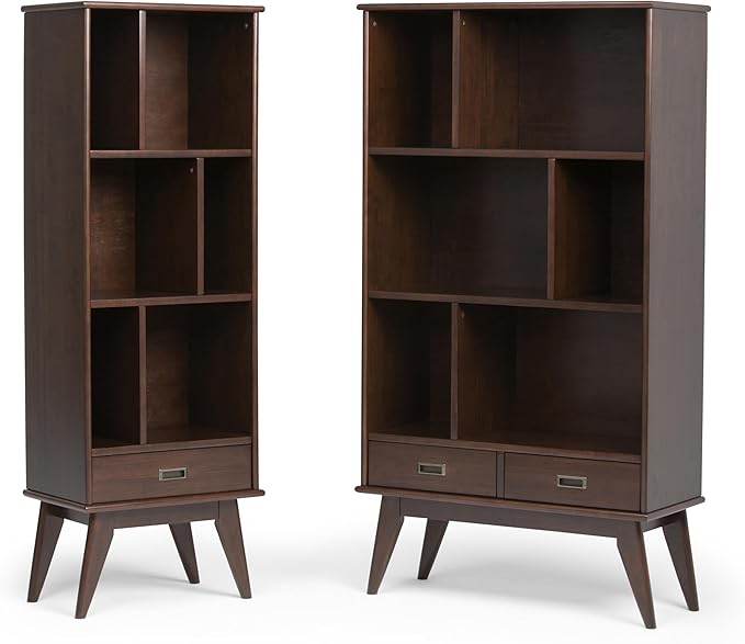 SIMPLIHOME Draper Bookcase - 64 inch Tall Solid Hardwood Wide Storage Bookshelf in Medium Auburn Brown, Mid-Century Modern Storage for Living Room or Office with Adjustable Shelves and Tapered Legs