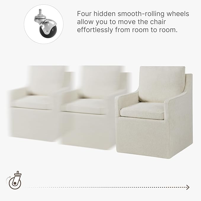 Upholstered Dining Chairs with Casters Washable Cover Side Deskchair with Rollers for Diningroom, Living Room, Cream Beige, 1 Box