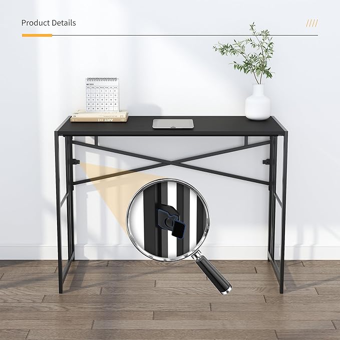 Narrow Folding Computer Desk 35 inch, Writing Gaming Computer Desk for Small Spaces, No Assembly Required Small Office Table, Black