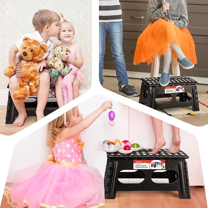 ACSTEP Folding Step Stool,15-Inch Extra Wide 9Inch Height Heavy Duty Stepping Stool More Safe and Comfortable Non Slip Foldable Step Stool for Kids and Adults Black