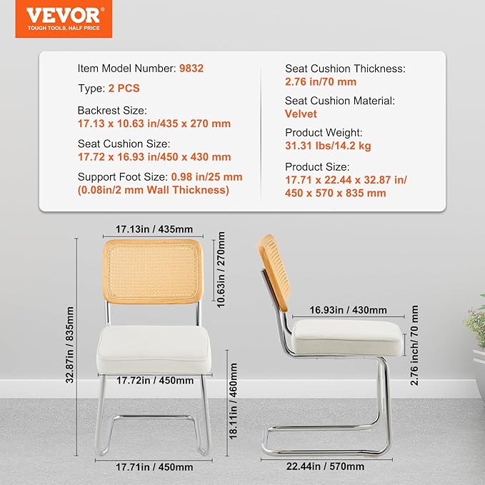 VEVOR Rattan Chairs Set of 2, Mid Century Modern Dining Chair, Upholstered Velvet Accent Chair with Rattan Back, Retro Kitchen Chair for Living Room, Bedroom (18.1 Inch)